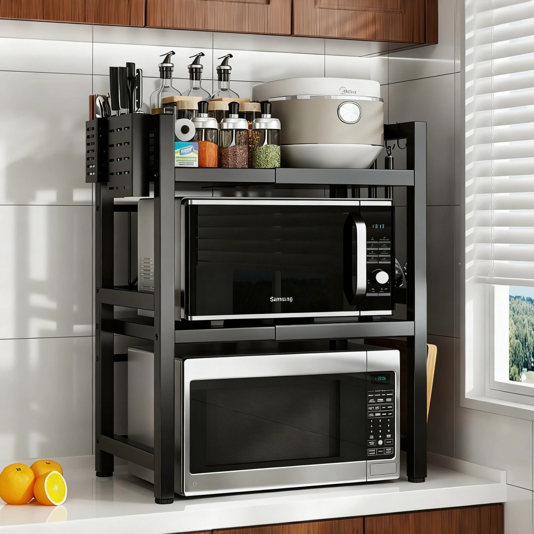 Estante de cocina para microondas de acero al carbono con espacio para condimentos