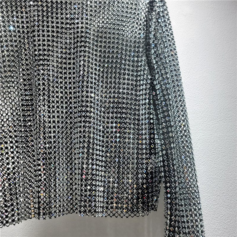 Nuevos productos europeos industria pesada caliente sensación de hielo estrella de diamante de cuello redondo camiseta de manga larga camiseta de perspectiva hueca camiseta
