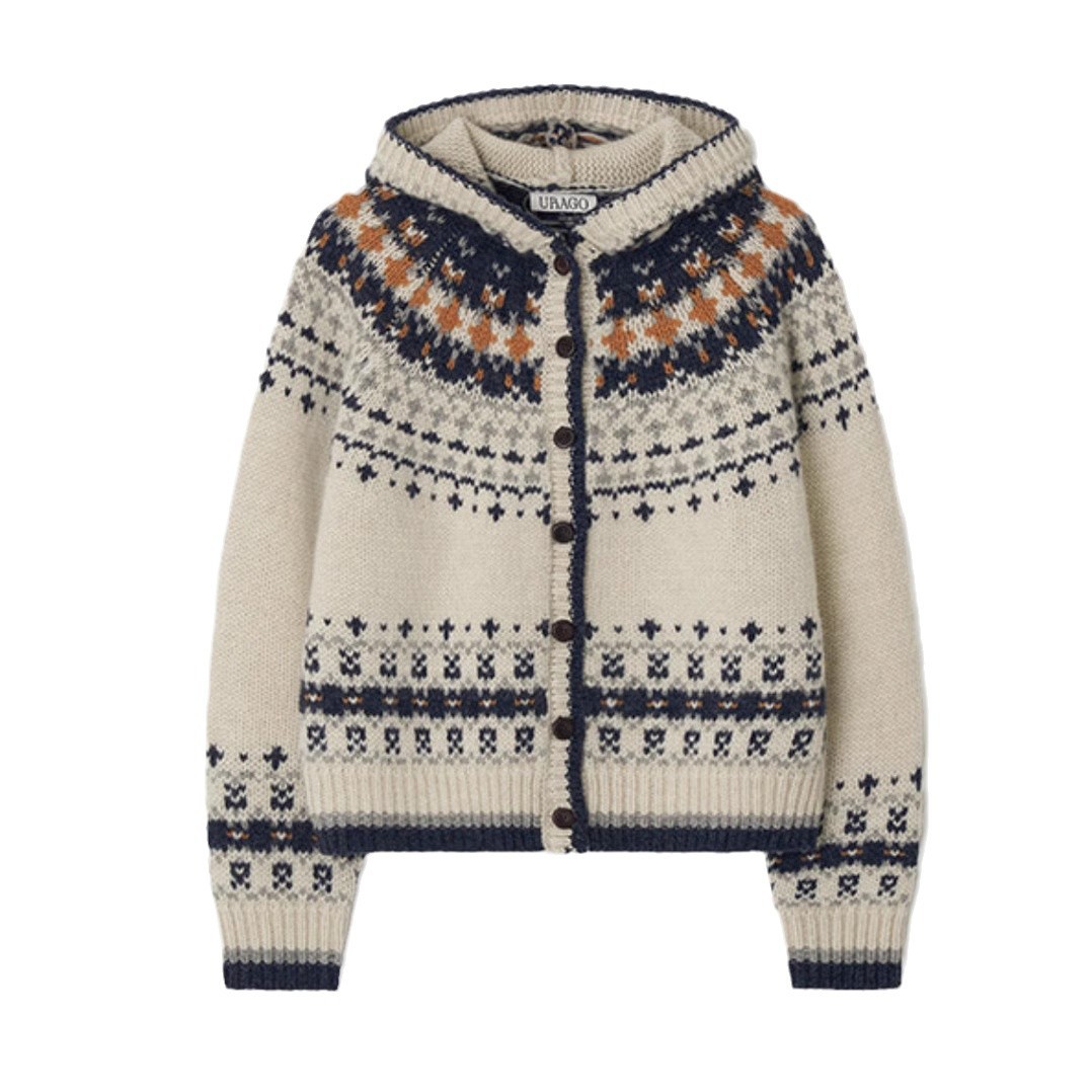 이제 2024 가을과 겨울 복고풍 자카드 페어 섬 분위기로 URAGO 한국 후드 니트 카디건 여성