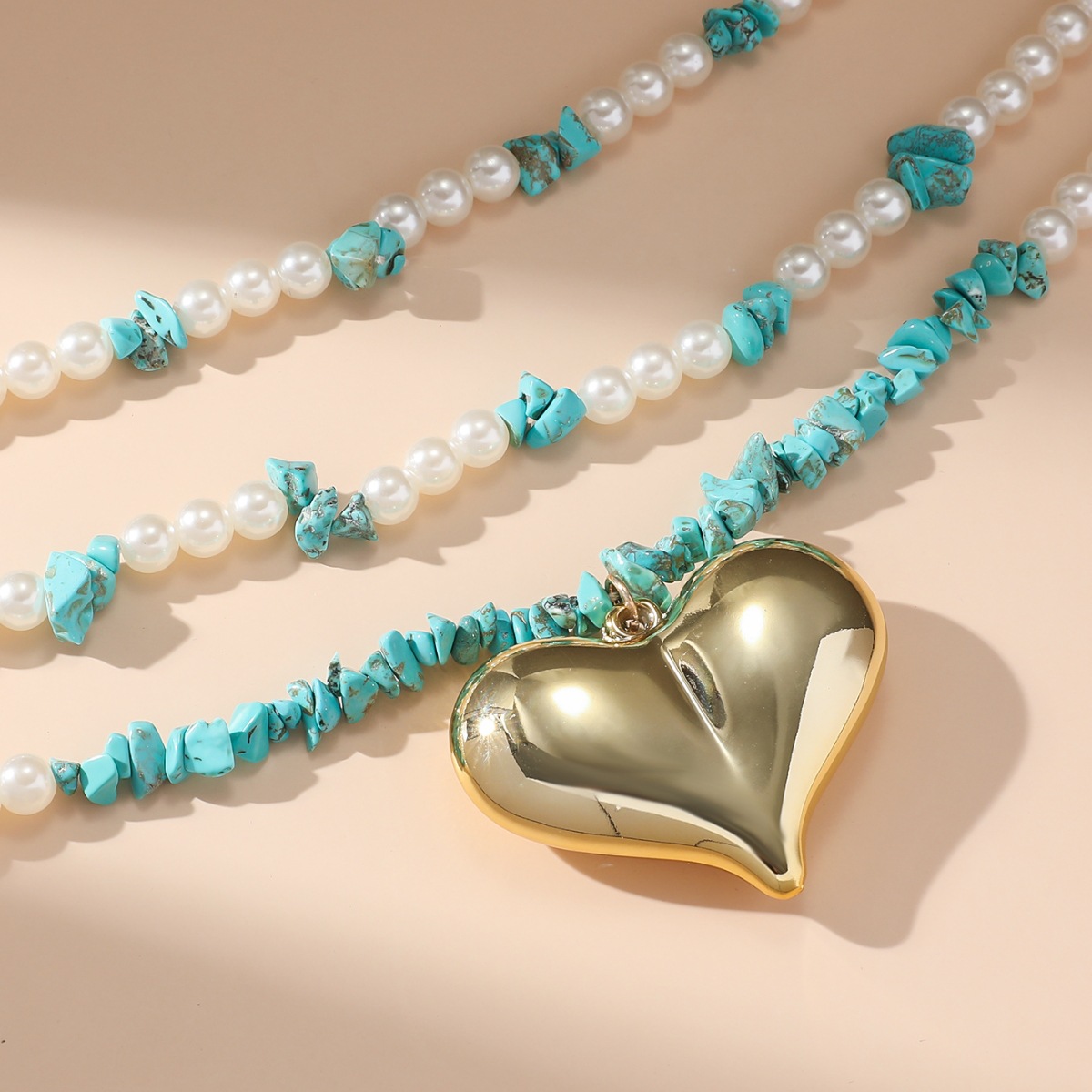 Exaggerated Beach Heart Shape CCB Imitation Pearl Turquoise Beaded Chain Lobster Trigger Clasp Closure Layered Necklaces Wholesale display picture 9