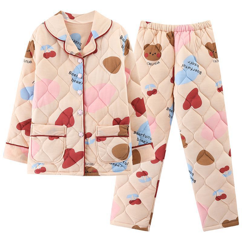 100% algodón engrosado de tres capas de las mujeres acolchadas de otoño e invierno pijamas estilo occidental simple traje de desgaste para el hogar