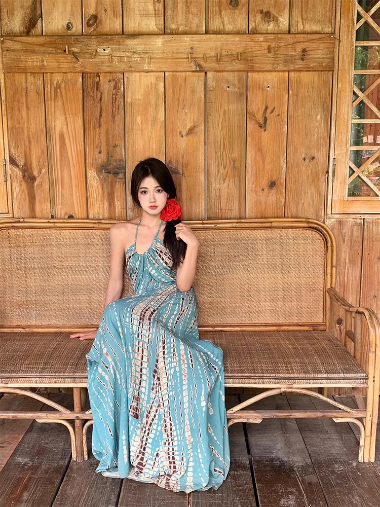Xishuangbanna Thailand Retro Bohemian Halter Sling dress Women's Sexy Backless Seaside Holiday Dress 2