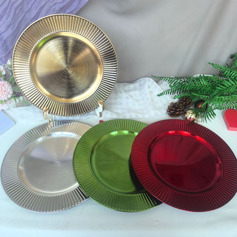 Cross-Border Foreign Trade Charger Plates Wedding Hotel Christmas Decoration Plastic Plates Gold Silver Red Green Placemats Cross-Border Foreign Trade Charger Plates Wedding Hotel Christmas Decoration Plastic Plates Gold Silver Red Green Placemats