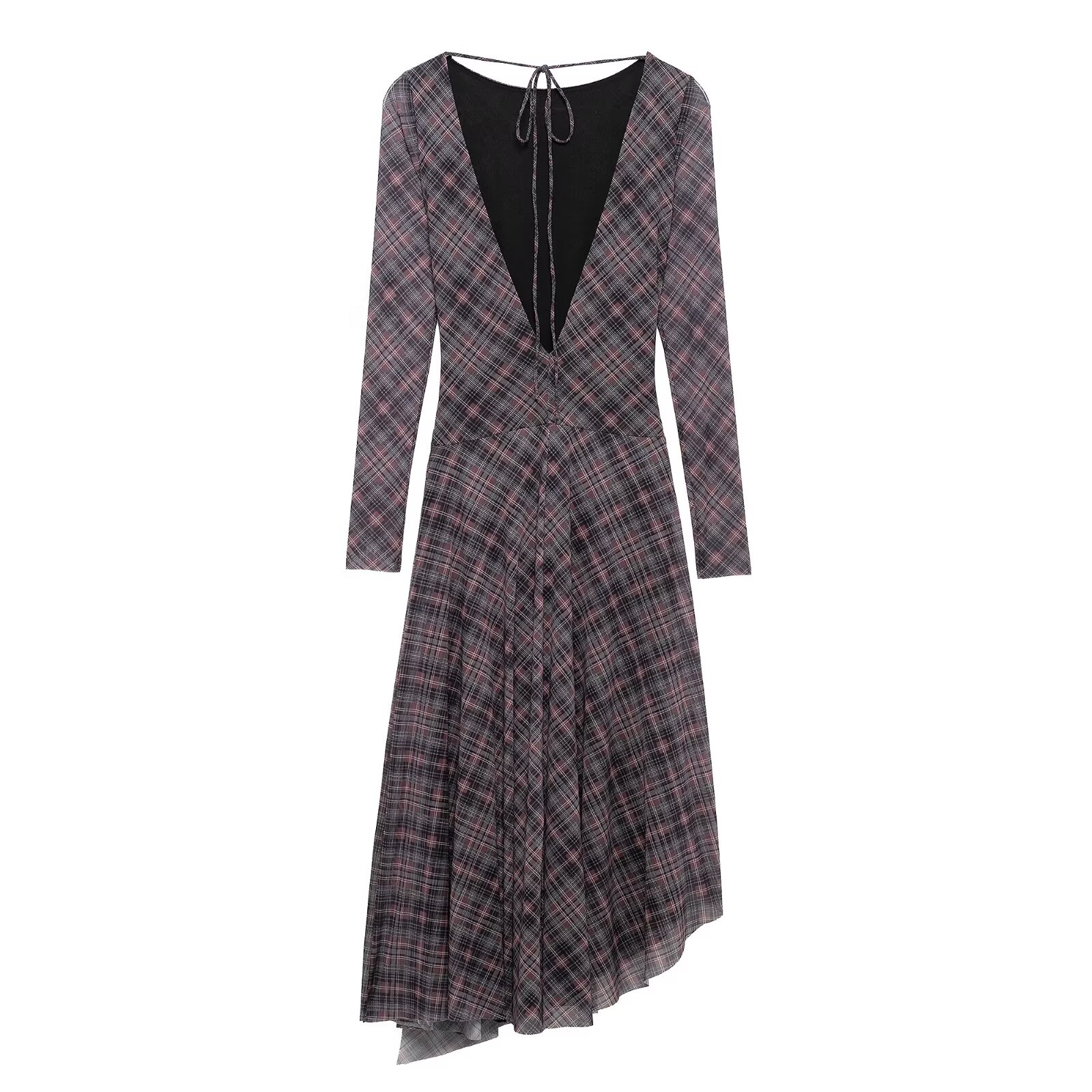 Women Backless V neck Sexy Plaid Pleated Silk Net Long Sleeve Dress