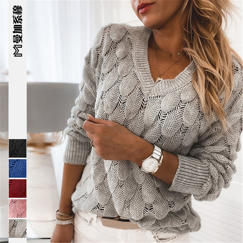 European and American 2022 New Winter Sweater Knitted Feather Cut Out V Neck Long-Sleeved Pure Color Top for Women Factory Direct Sale