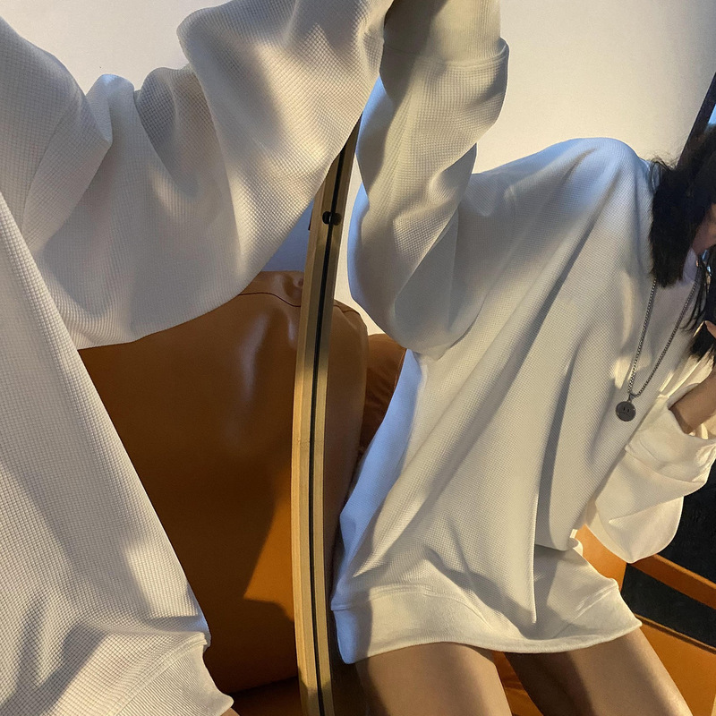 华夫格长袖卫衣女薄款秋季宽松大码显瘦小众设计感外套女装上衣|undefined
