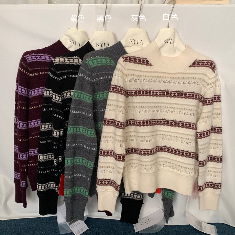 Casual Korean-Style Mid-High Collar Women's Knit Sweater, Round Neck Wool Pullover, Long-Sleeve Loose Solid Color Wool Sweater Casual Korean-Style Mid-High Collar Women's Knit Sweater, Round Neck Wool Pullover, Long-Sleeve Loose Solid Color Wool Sweater