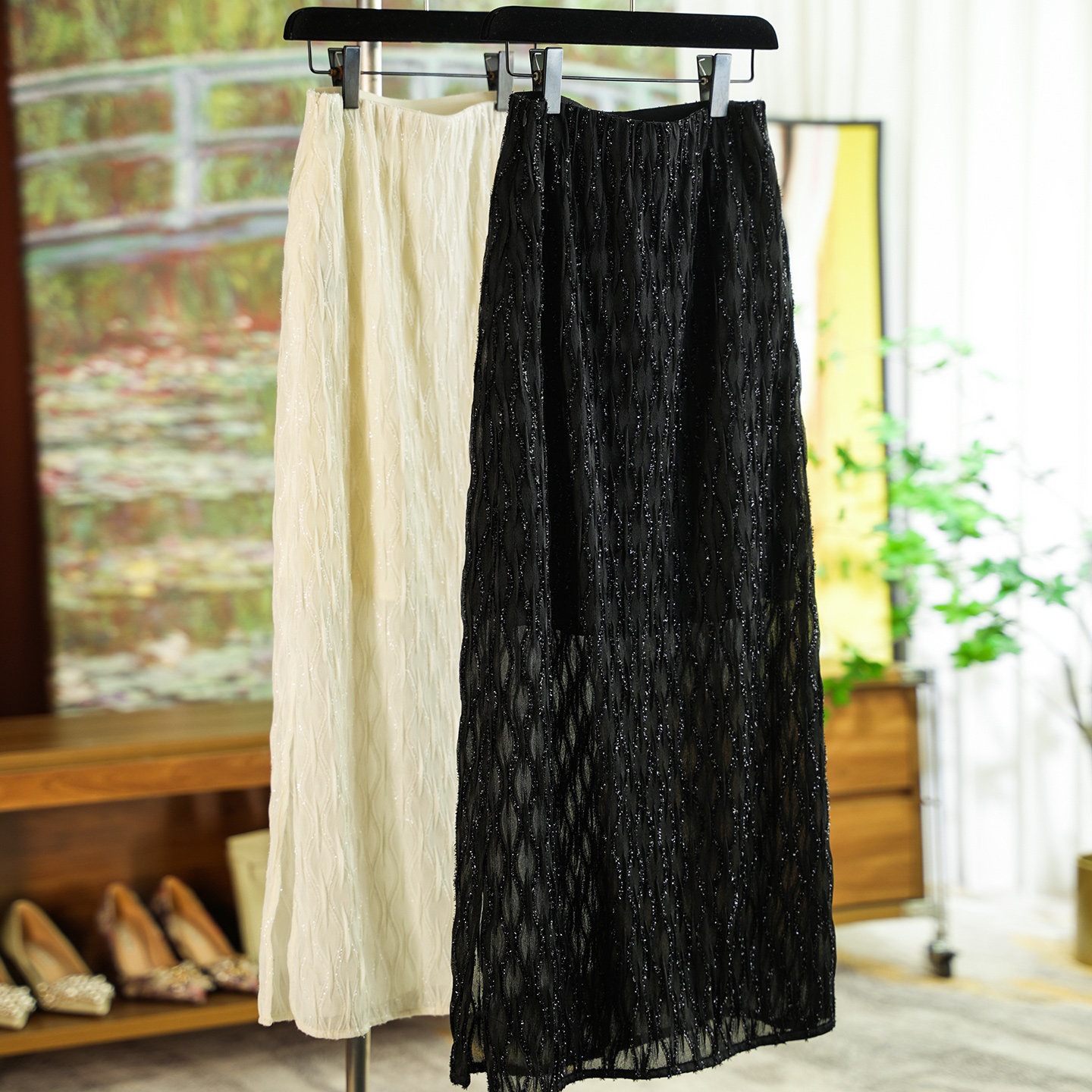 Exquisite Commuter-Style Shiny Silk Quilted Side-Slit Long Skirt Summer 0429