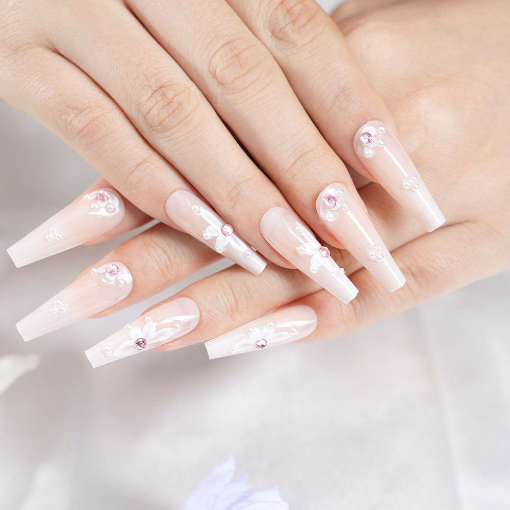 Makeup Cross-Border Elegant French Flower 24-Piece Dot Diamond Long T-Style Manicure Removable Nail Patch Nail Patch Ready for Sale