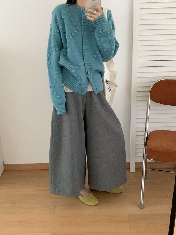 慵懒风纯色鼓包设计感高级感针织开衫女秋冬季宽松别致毛衣外套|undefined