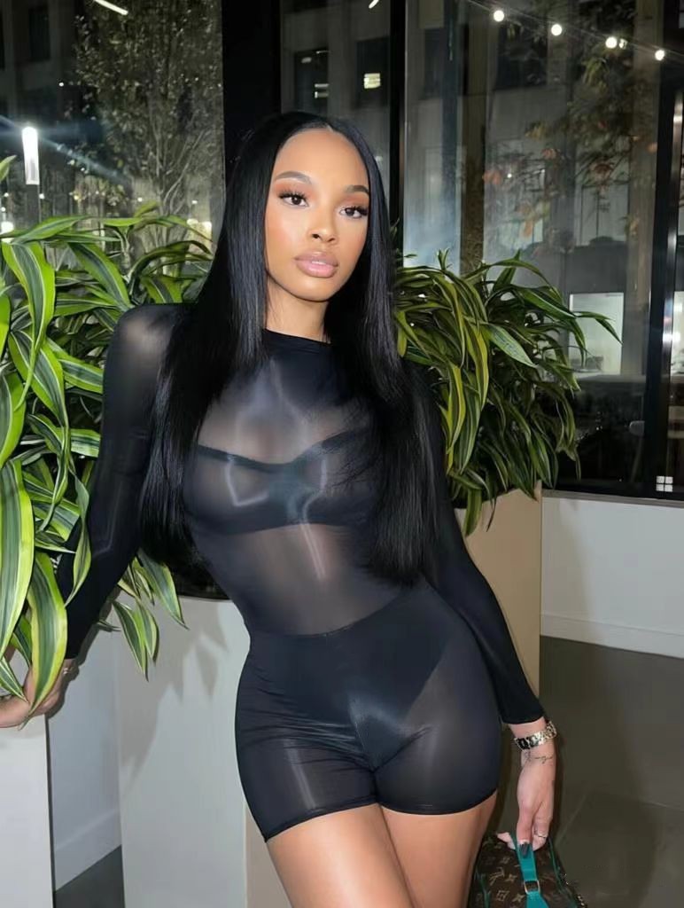 Glänzender Transparenter Bodysuit Langarm Elastischer Catsuit_voghion.com
