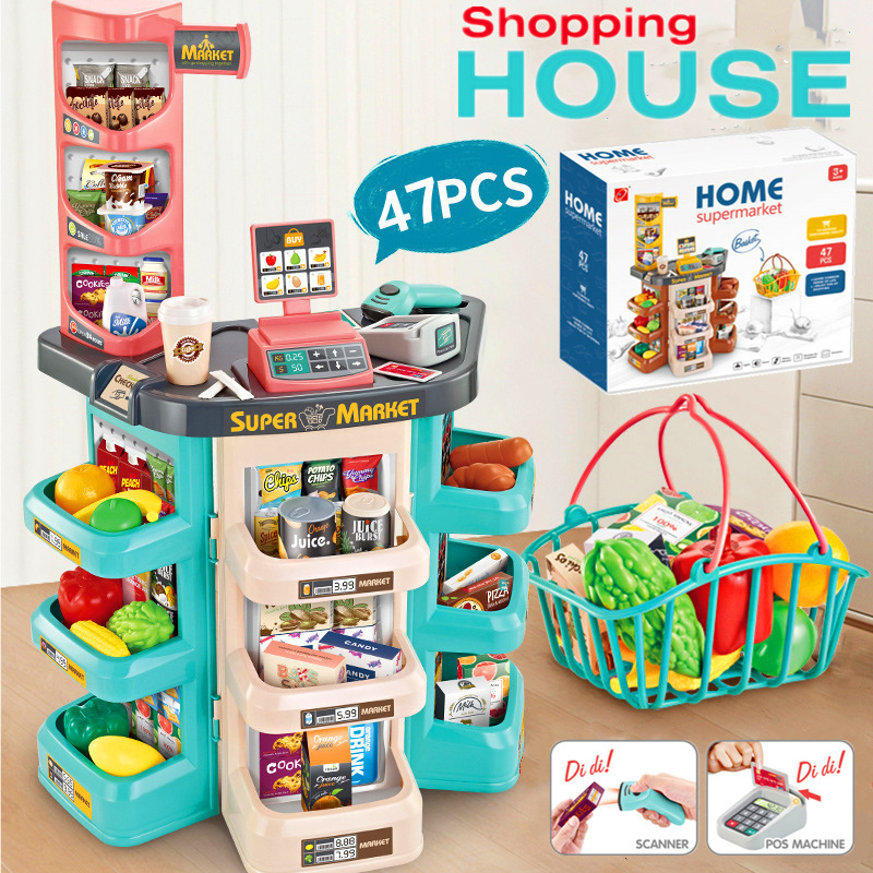 外国貿易児童シミュレーションスーパー販売台ショッピングカートの組み合わせセットはレジのままごとスーパーのおもちゃをスキャンする