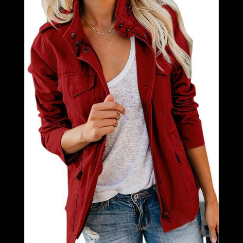 Cross-border foreign spring and autumn slim and fashionable trendy people solid color loose zipper multi-pocket jacket women's jacket W156