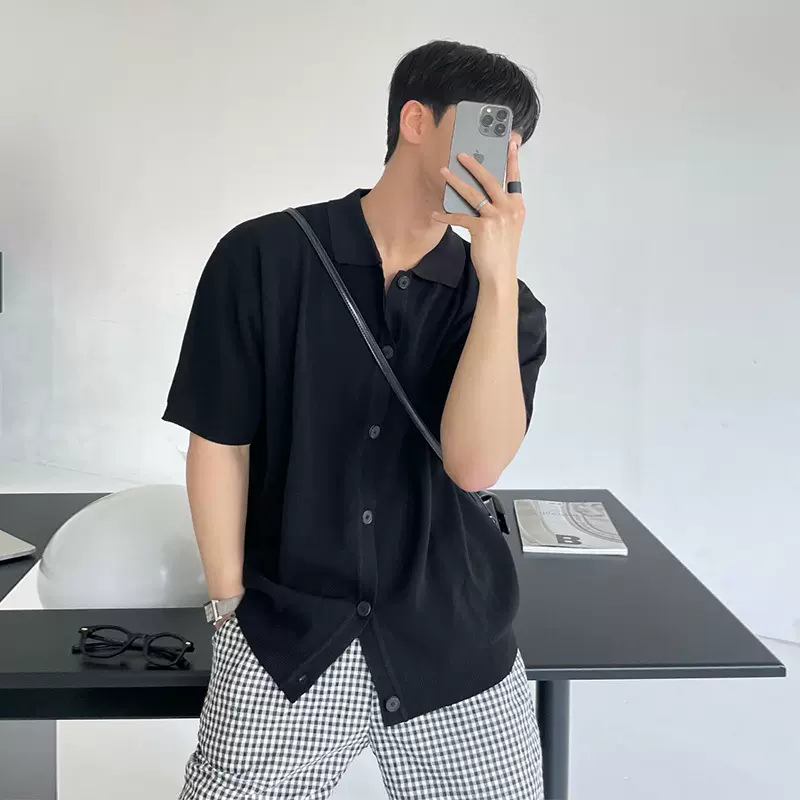 针织polo衫男短袖高级感开衫上衣韩版透气休闲青年简约百搭衣服