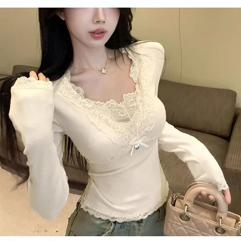 Purely Sexy Hot Girl Sexy V-Neck Top for Women, Autumn and Winter Christmas Pink Korean Style Lace Base Shirt That Can Be Worn Inside or Outside Purely Sexy Hot Girl Sexy V-Neck Top for Women, Autumn and Winter Christmas Pink Korean Style Lace Base Shirt That Can Be Worn Inside or Outside