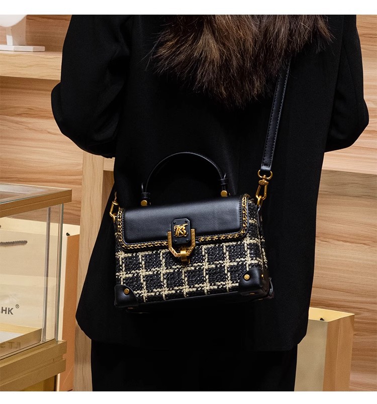 Túi xách tay da thật họa tiết houndstooth cổ điển phong cách Chanel, quai đeo chéo — Màu đen chi tiết 3