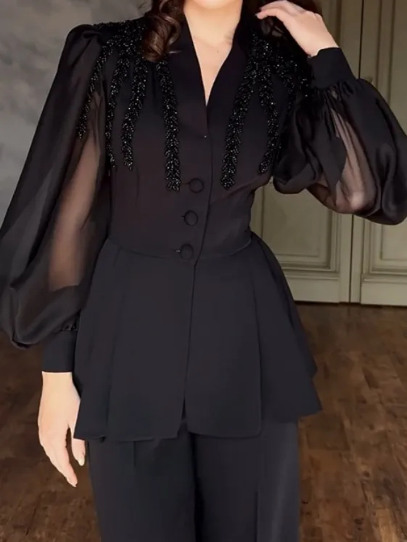 ​​Luxury Rhinestone Jumpsuit – Spring/Summer Elegant One-Piece Pantsuit With Puff Sleeves & High Waist For Women (Black)​​_ecoleips.com