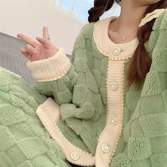 Pajamas Women's Coral Fleece Cardigan Thickened Warm Autumn and Winter Flannel High-end Chessboard Home Clothes suit Winter