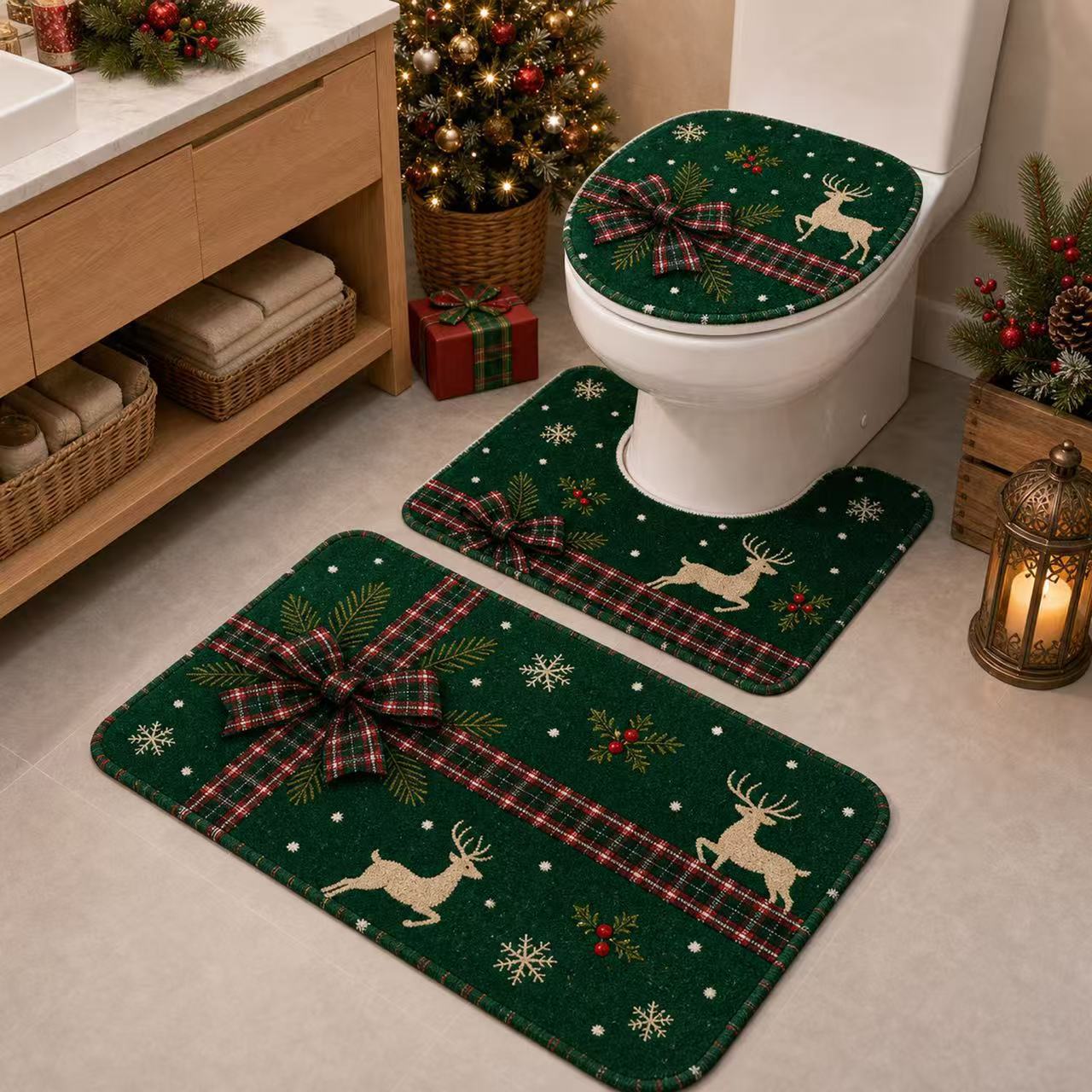 Cross-border TEMU Christmas new diatomite floor mat set of three for bathroom, toilet, water-absorbent and non-slip toilet mat