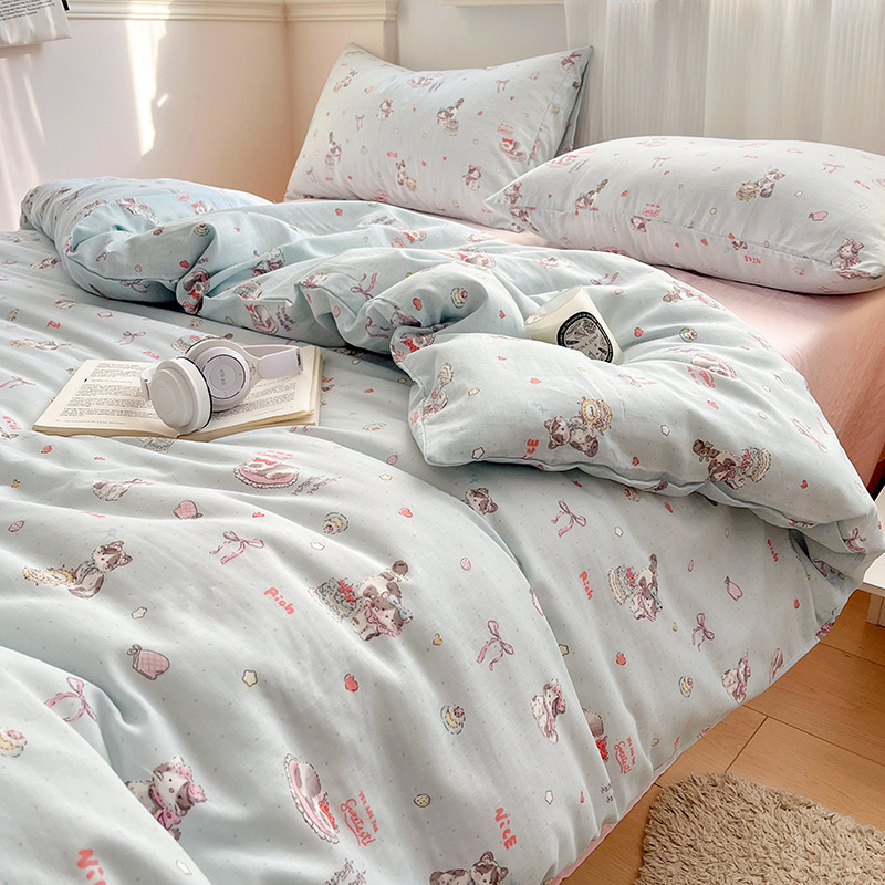 Juego de cuatro piezas de cama de algodón de hilo de doble capa 2025 nueva funda de edredón de sábana ropa de cama de dormitorio de estilo pastoral