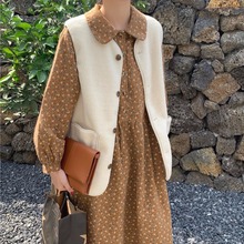 森系娃娃领磨毛碎花连衣裙2021秋冬高腰显瘦长袖中长款打底裙