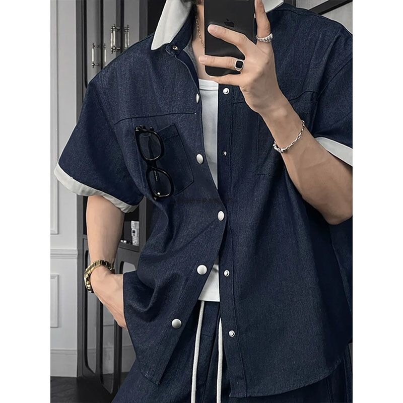 Retro Patchwork Denim Short-Sleeve Shirt for Men, Summer New Trendy Brand, Stylish High-End Wide-Leg Scimitar Pants Set