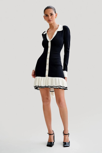 Elegant Autumn/Winter European and American-style Knitted Dress for Women, Featuring a High Waist, Long Sleeves, and Ruffled Hem with a Bow