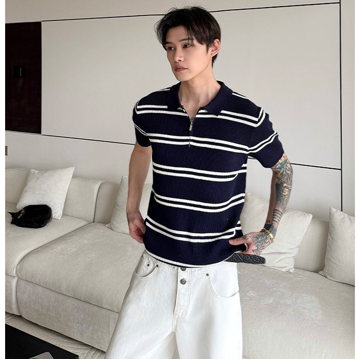 Camisas de polo de manga corta de vello de estilo de verano, camisetas de hielo con media cremallera a rayas, fábrica transfronteriza al por mayor