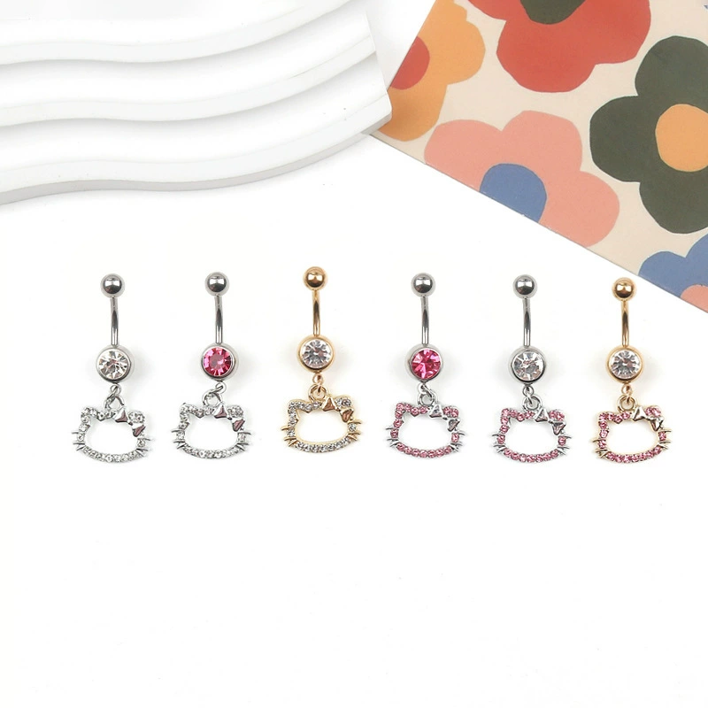 Кросс-бордерное украшение для пупка Hello Kitty с золотым кольцом, инкрустированным стразами, в виде мультяшного кота KT, сексуальный аксессуар для пирсинга пупка.