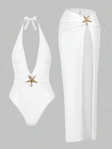 New European and American-style women's sexy two-piece swimsuit—European and American-style solid-color backless high-end swimsuit for women.