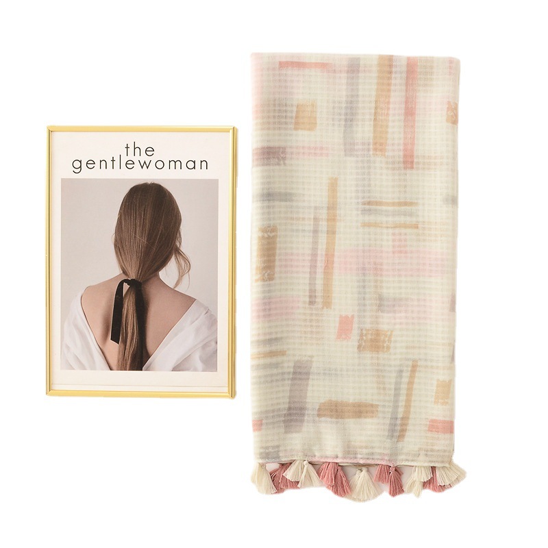 Japonés y coreano dulce elegante Plaid geométrico algodón y lino sensación bufanda larga borla bufanda grande viaje protector solar Toalla de playa