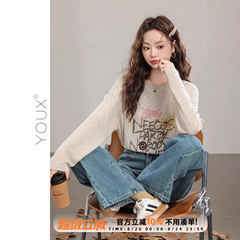 又巷【涂鸦派对】韩版宽松上衣2025早春长袖圆领字母印花t恤女
