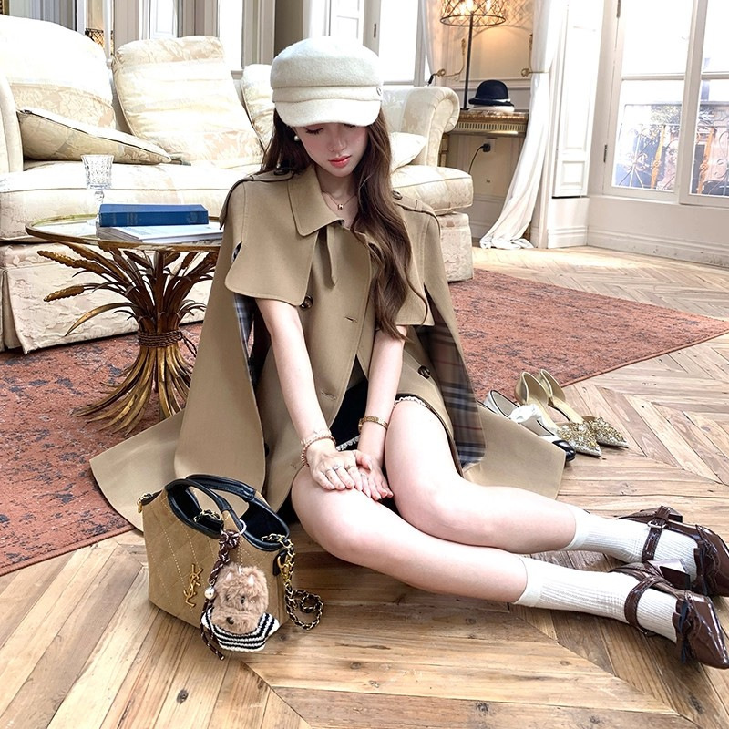 Momo Mid-Length Waist Bbr Plaid Windbreaker Women's Autum French Retro Elegant High-End Outwear Jacket