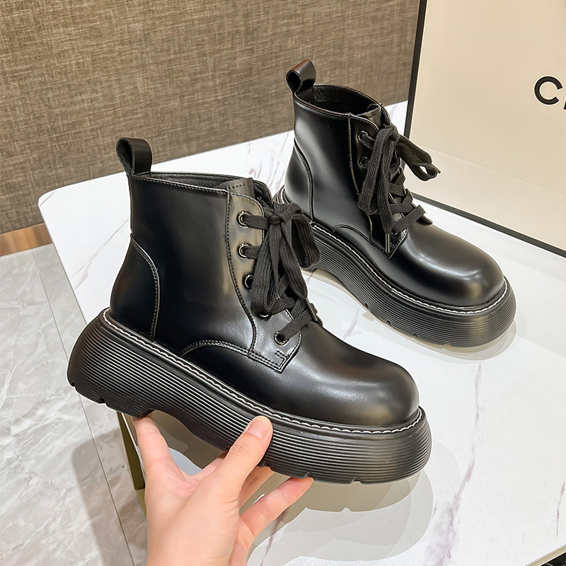 Big-Toe Martin Boots Short Boots for Women 2026 Autumn and Winter New Style Soft Leather Lace-Up British Style Thick-Soled Height-Increasing Non-Slip Short Boots