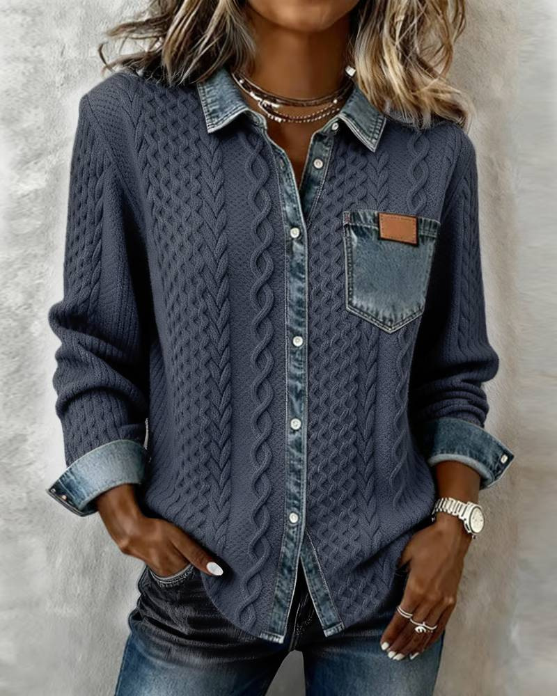 Damen Hemdjacke Aus Strick-denim Oversized Langarm Layering_voghion.com