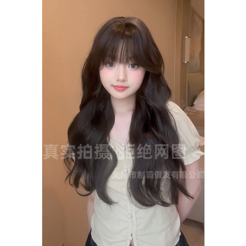 Wholesale wig women's long hair fashion net red with red big wave realistic natural air bangs curly hair full head cover