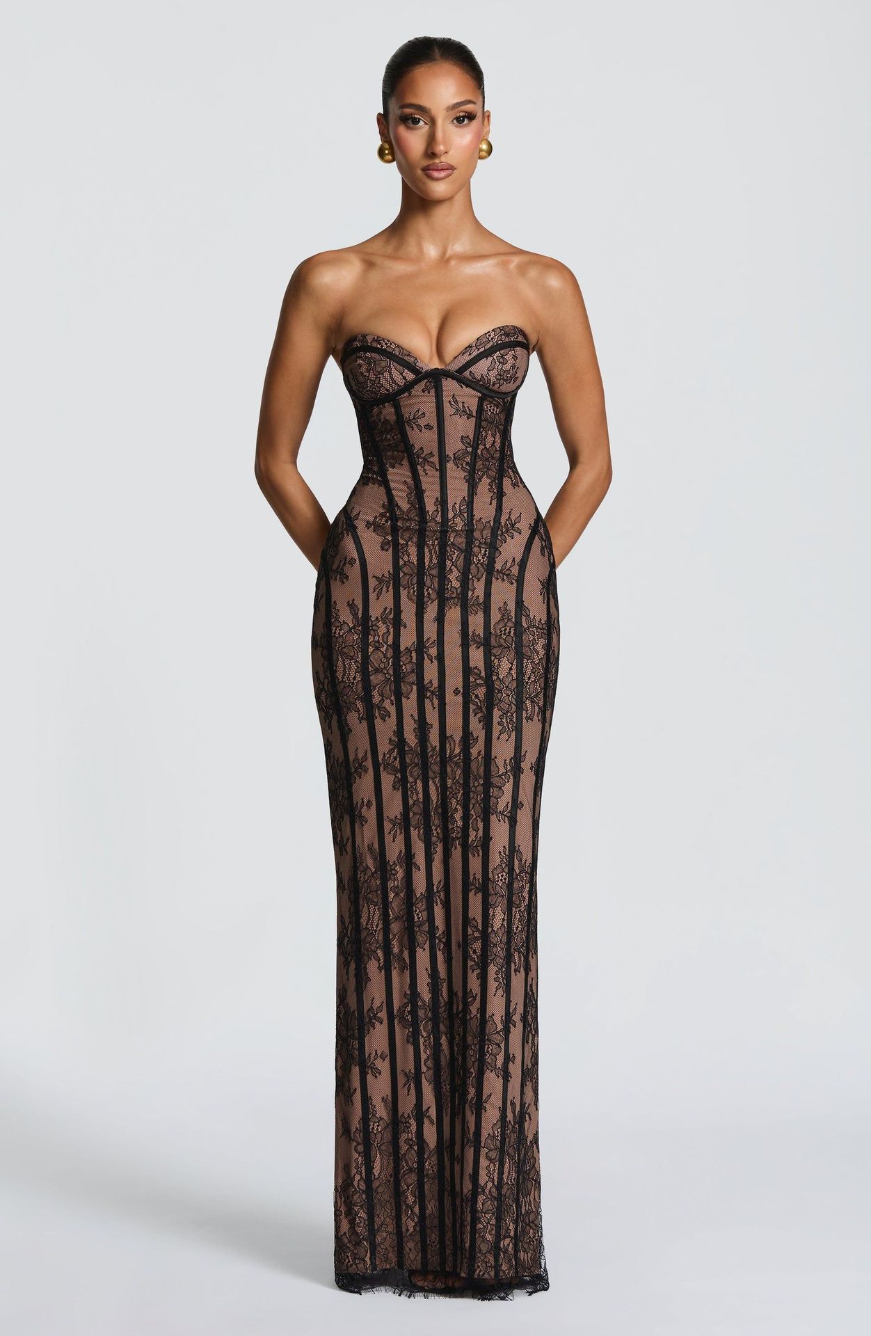 Elegant Lace Long Bodycon Dress For Evening Parties - Stunning High-Waisted Corset Design With Sheer Mesh & Floral Embroidery​_ecoleips.com