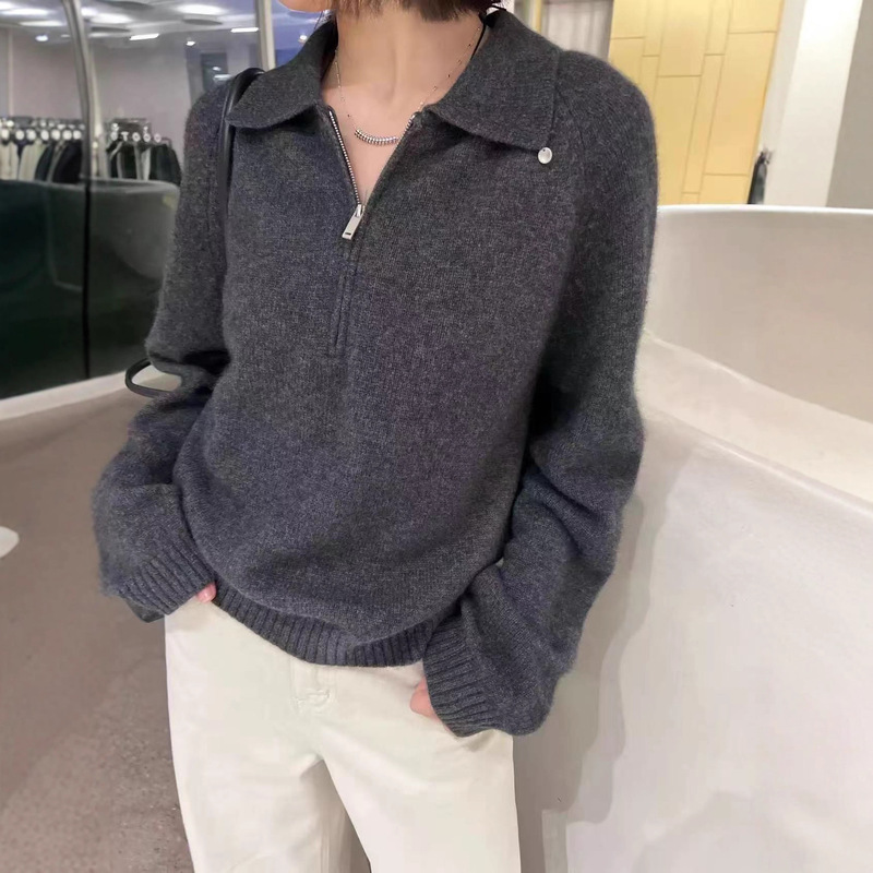 秋冬新款纯色绵羊绒针织女POLO领宽松拉链毛衣女休闲慵懒风套头衫|undefined