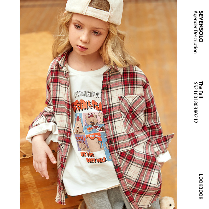 Girls shirt 2021 spring and autumn new pattern Korean Edition Western style children spring clothes Fashionable Big boy Long sleeve lattice leisure time shirt