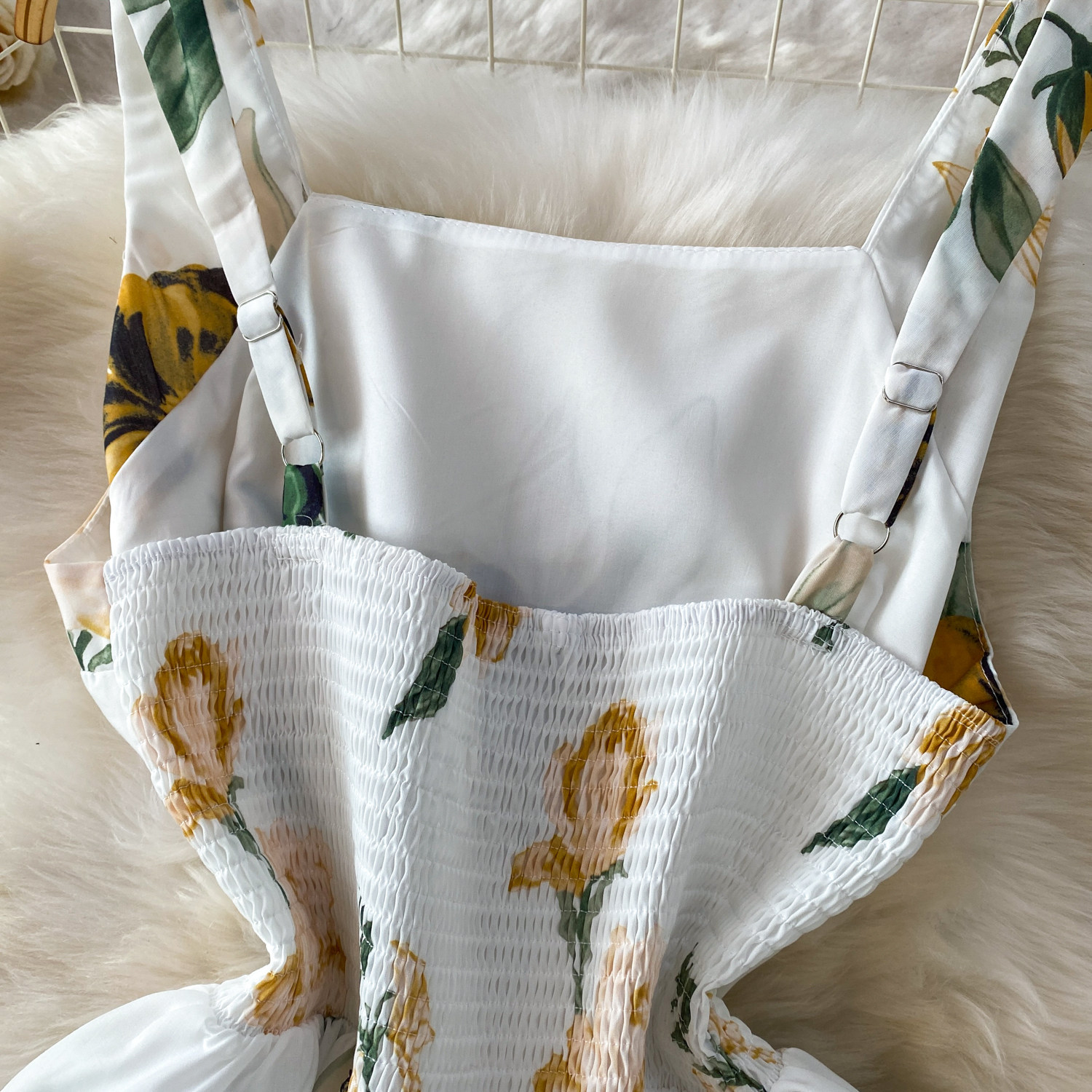 Romantic Floral Print Square Neck Dress European American Style Summer Suspender High Waist Cinching Slimming Full Skirt Women's Clothing_ecoleips.com