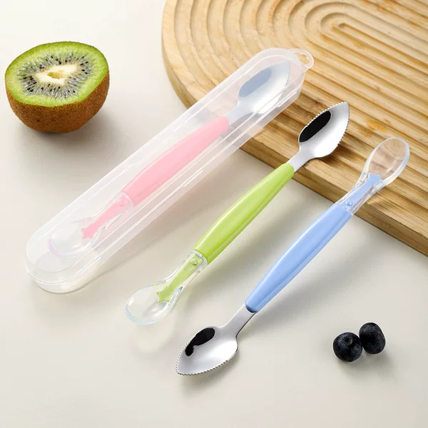 304 Stainless Steel Double-Headed Mud Scraper Spoon for Infants and Young Children, Creative Dual-Purpose Silicone Fruit Puree Spoon, Baby Complementary Food Feeding Soft Spoon