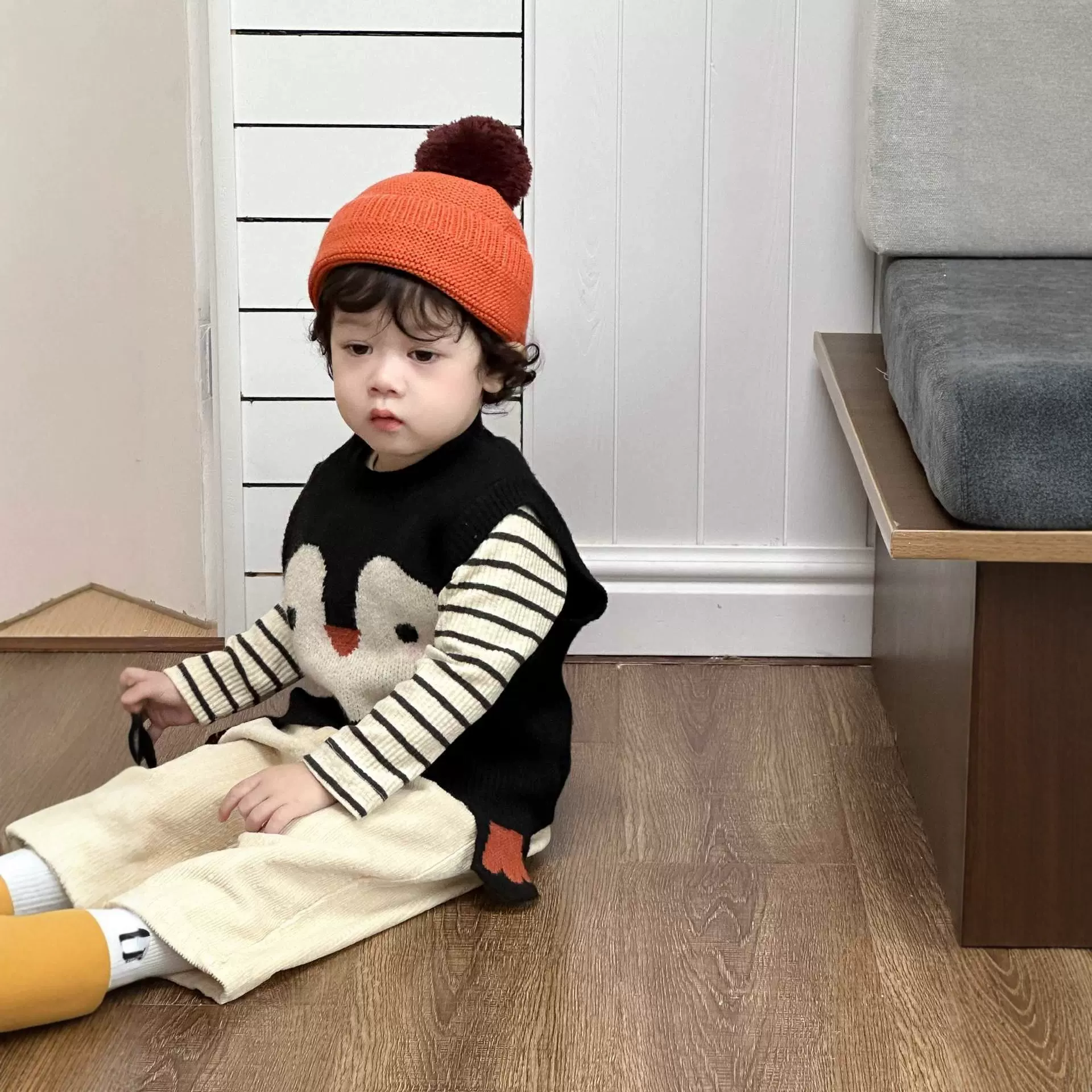 宝宝企鹅马甲背心秋季儿童衣服秋装韩版童装男童条纹套装批发定制
