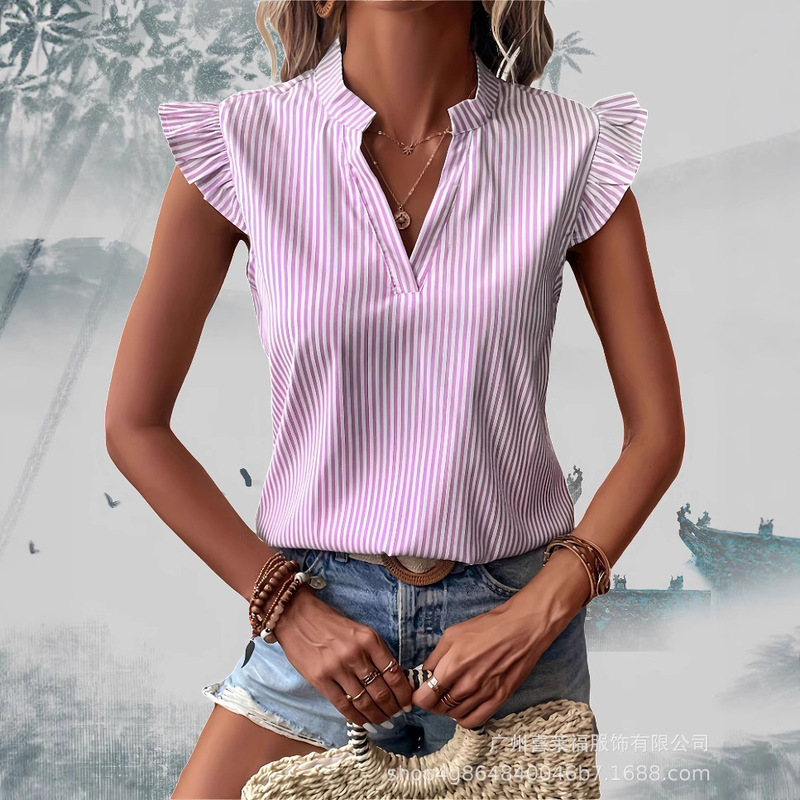 2025 European and American Amazon Independent Station Cross-Border New Stripesd V Neck Ruffled Sleeve Women's Shirt