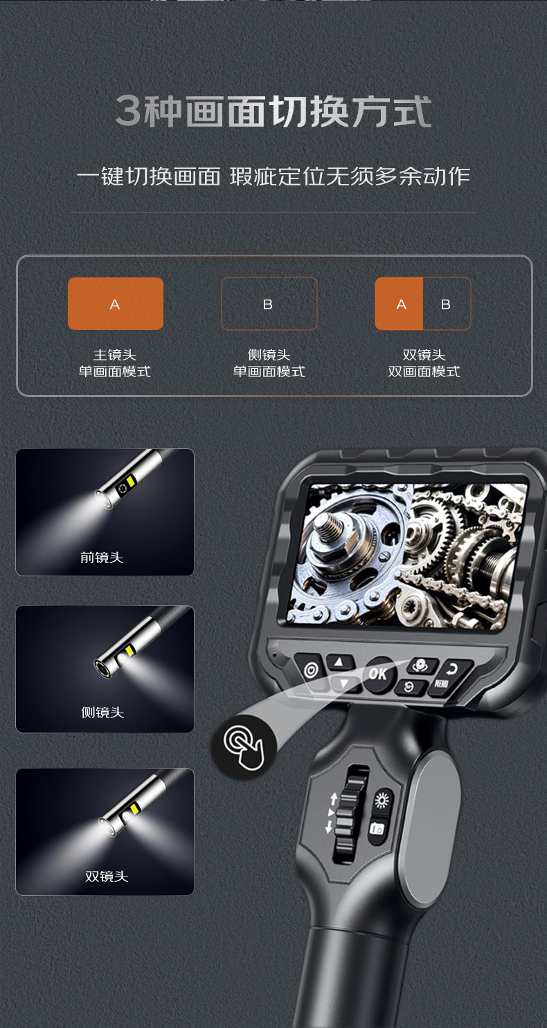 Dual-Lens 360° Industrial Endoscope High-Definition