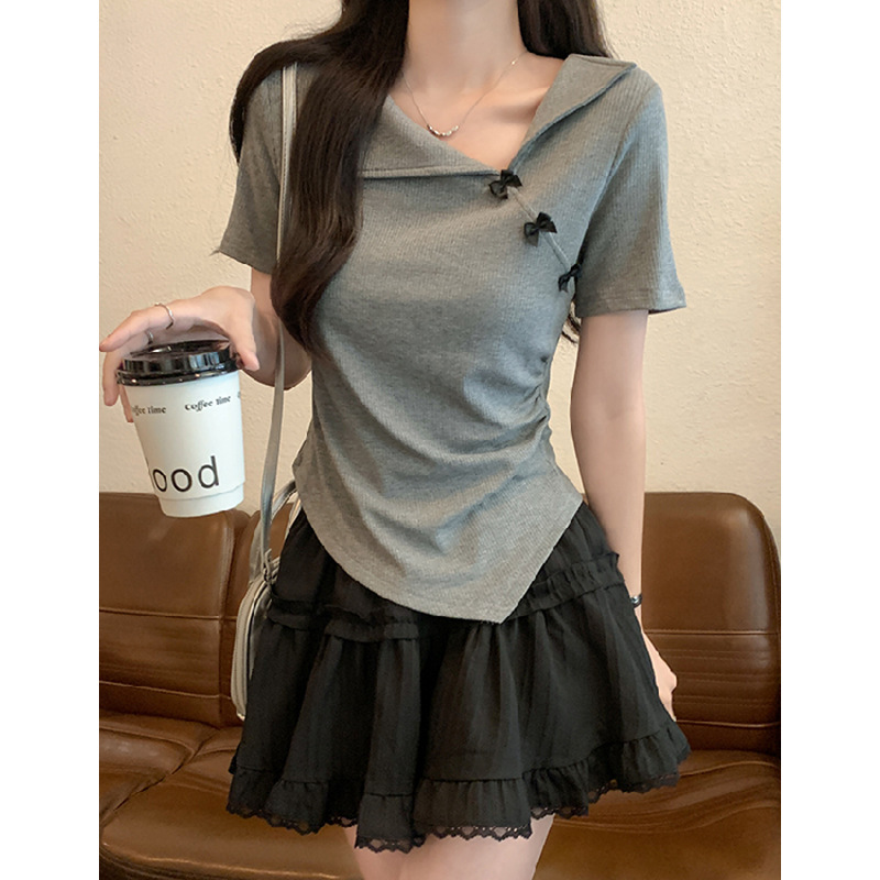 2025 半袖右肩 Tシャツレディース夏スリムフィット不規則なニッチデザインユニークで美しいピンチウエストトップ|undefined