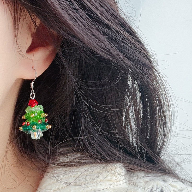Boucles d'oreilles en perles faites à la main pour fille mignonne avec nœud rouge et sapin de Noël_voghion.com