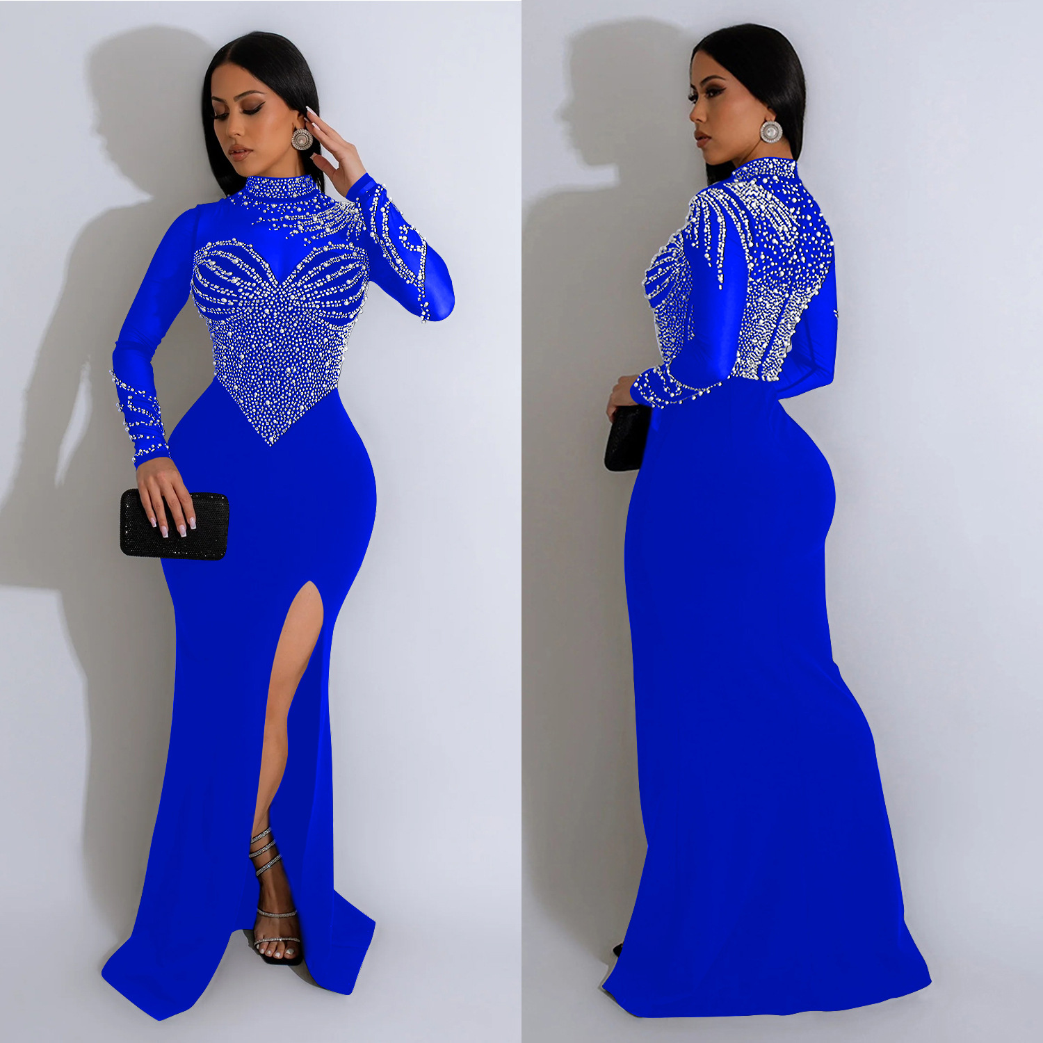C6825 transfronteriza AliExpress Amazon de moda europea y americana de las mujeres de color sólido de malla de diamantes de imitación vestido dividido vestido image 4