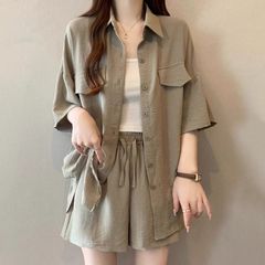 大码夏季短袖一整套女胖mm炸街卡其色防晒衬衫外套套装短裤两件套