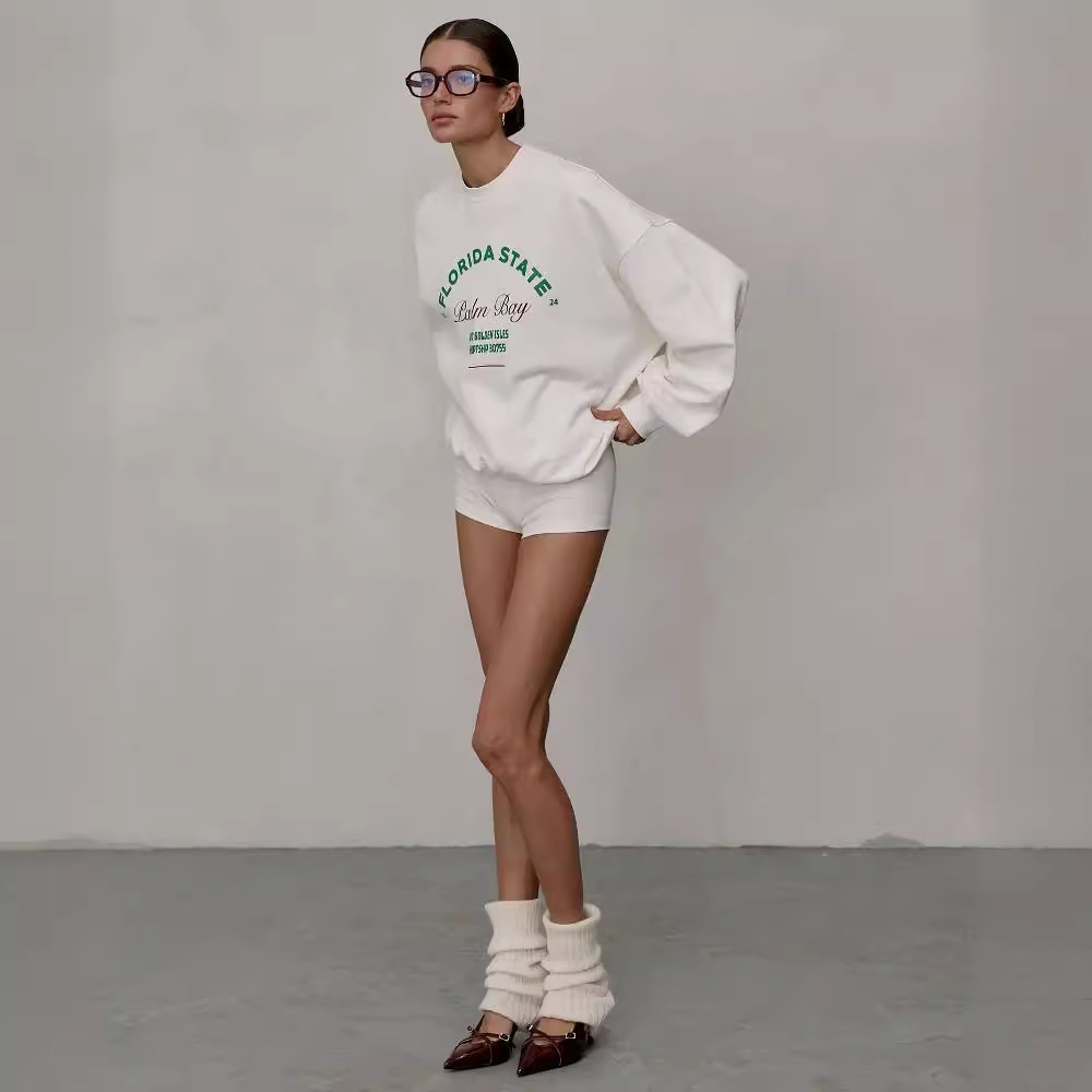 Felpa girocollo casual con stampa di lettere di base per donna, versatile e ampia, unisex, primaverile e autunnale_voghion.com