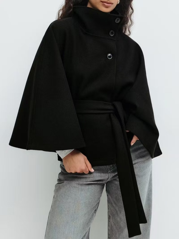 跨境欧美高品质纯色立领系带毛呢时尚气质优雅外套女秋冬新款批发|undefined